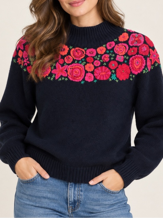 Ann Taylor Sweaters - Vintage Ann Taylor Sweater Womens Small Floral Embroidered Mock Neck Black Knit